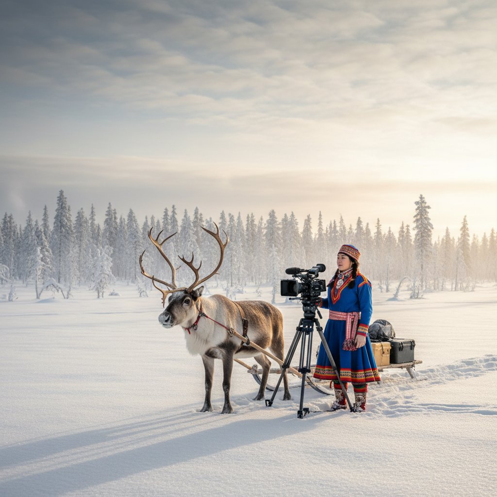 Sami filmmaker with reindeer and traditional costume, snowy wilderness, natural light