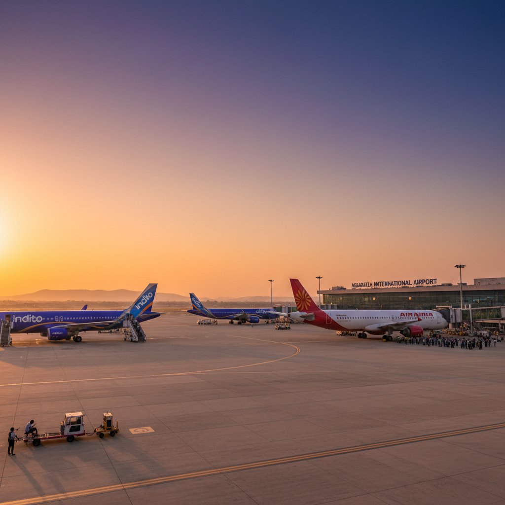IndiGo and Air India planes at Agartala airport, vibrant evening lighting, passengers boarding, variety of airline logos visible