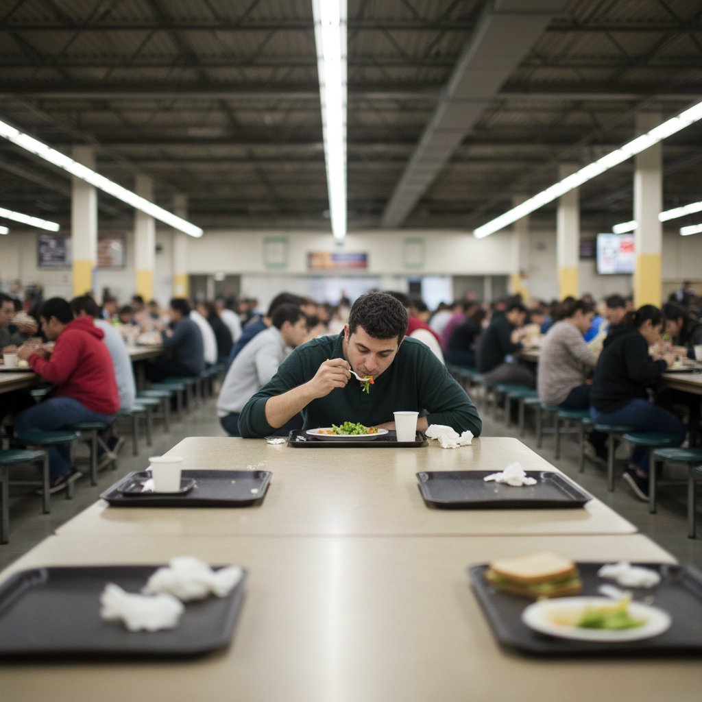 Osoba jedząca lunch powoli w zatłoczonej stołówce