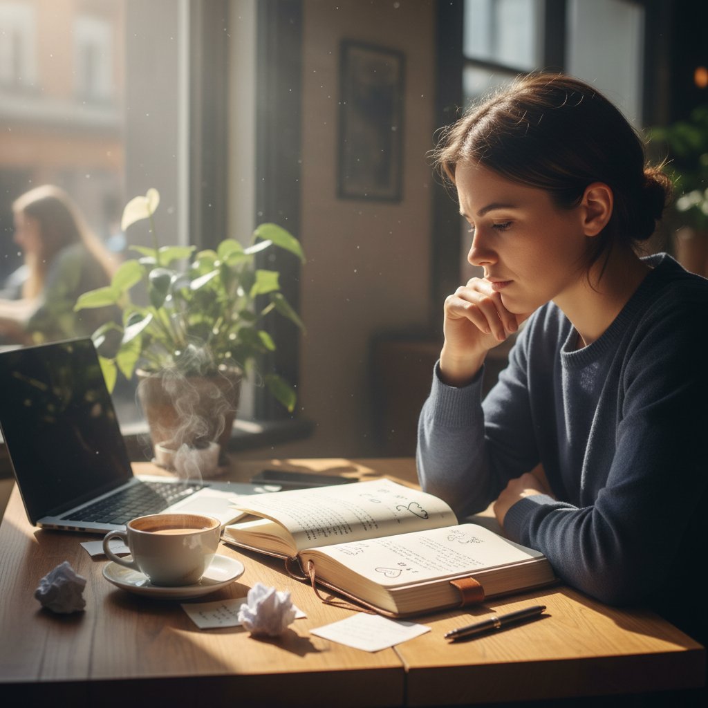 Individual journaling about dating experiences in a coffee shop, representing self-reflection and learning outside generic dating literature