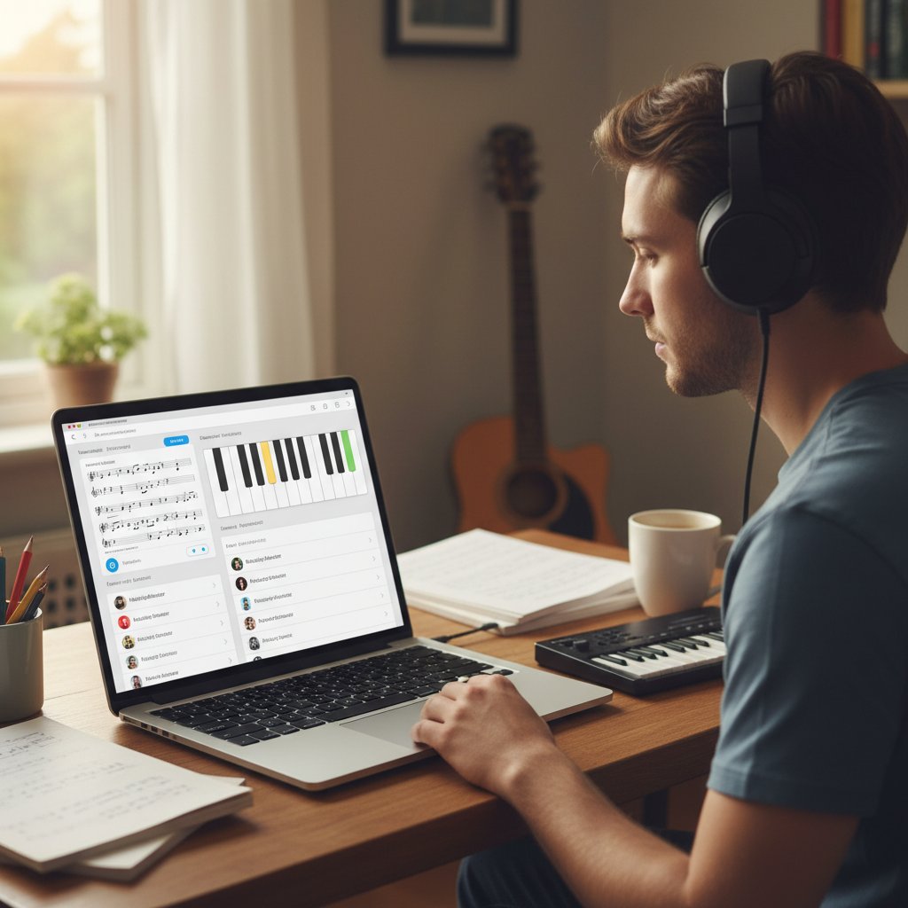 Indywidualna nauka muzyki online, młoda osoba z laptopem i słuchawkami, analiza form muzycznych