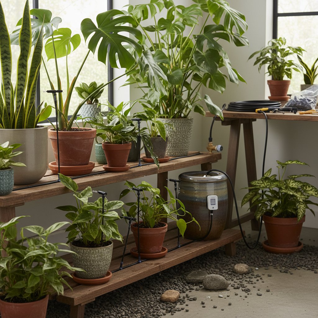 Osoba montująca system kroplowy do doniczek w jasnym salonie