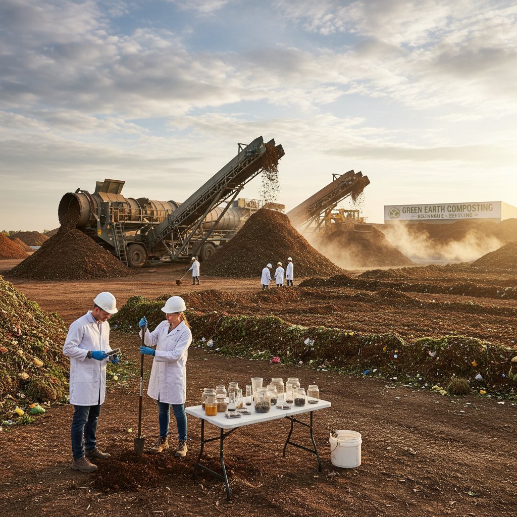 Zdjęcie kompostowni przemysłowej – widoczne maszyny, które mieszają odpady organiczne, zbliżenie na próbki gleby