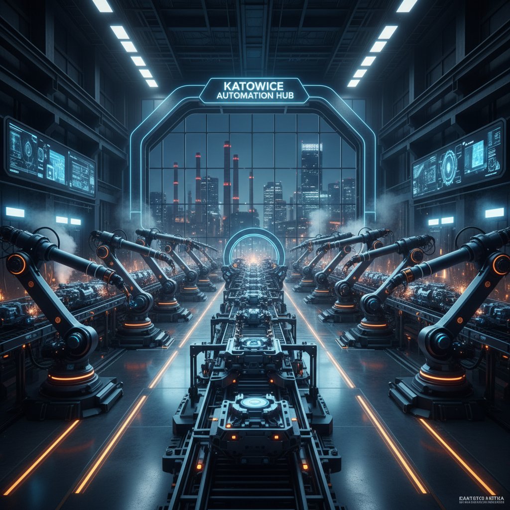Hala produkcyjna z robotami przemysłowymi w Katowicach, automatyzacja a filozofia pracy