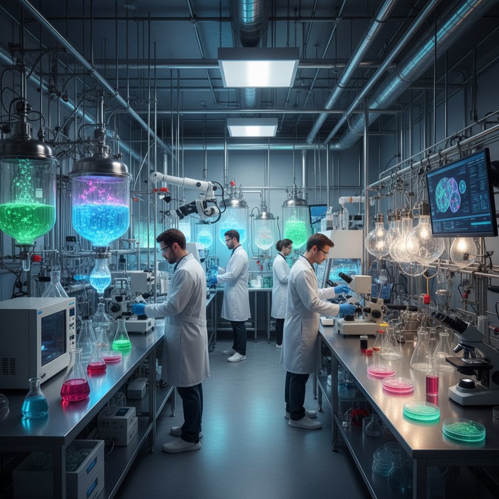 Przemysłowe laboratorium z pracującymi naukowcami i sprzętem do biotechnologii
