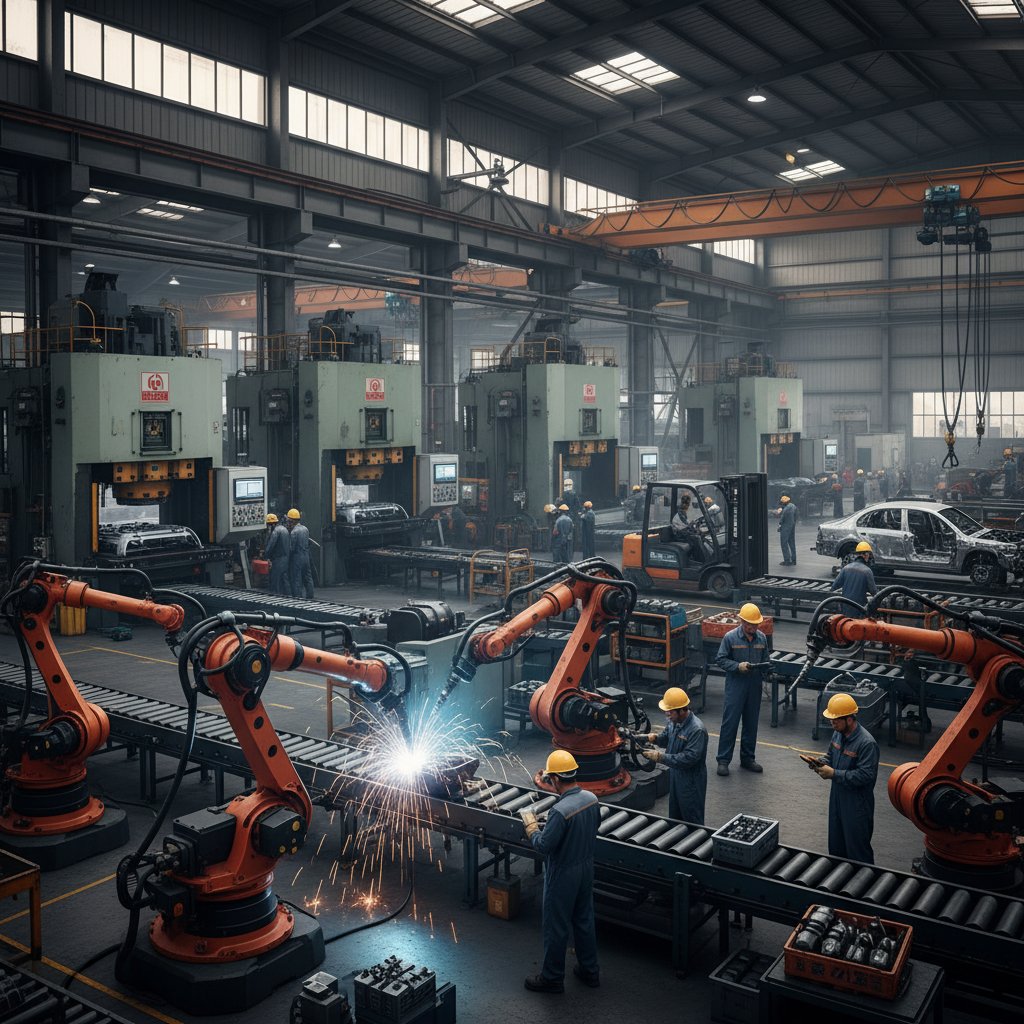 Historyczne zdjęcie pierwszych maszyn przemysłowych i ludzi w fabryce, ukazujące napięcie relacji człowiek-maszyna