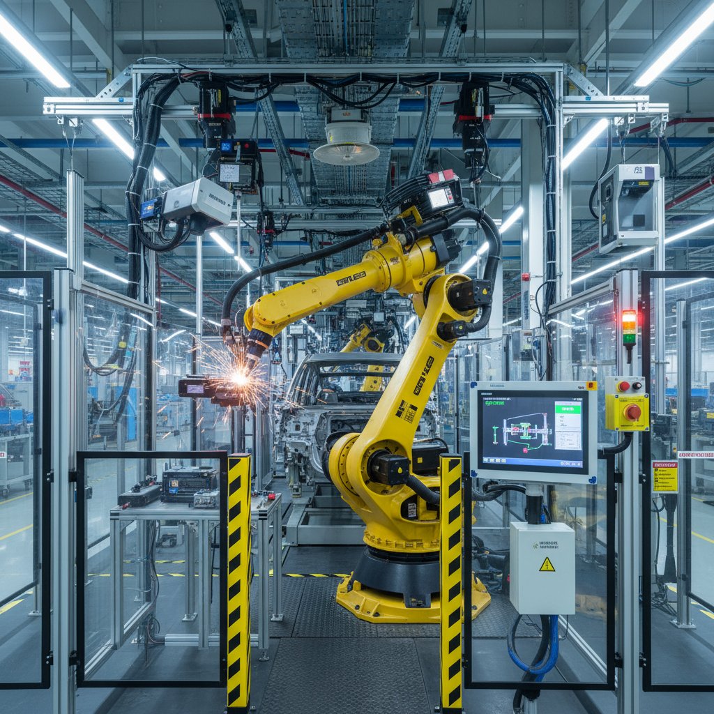 Robot przemysłowy w hali produkcyjnej, widoczne sensory i systemy bezpieczeństwa