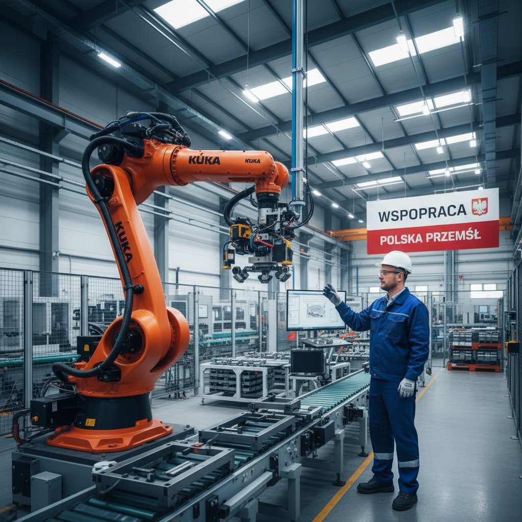 Robot przemysłowy pracujący obok polskiego pracownika w fabryce – symbol współpracy człowiek-maszyna