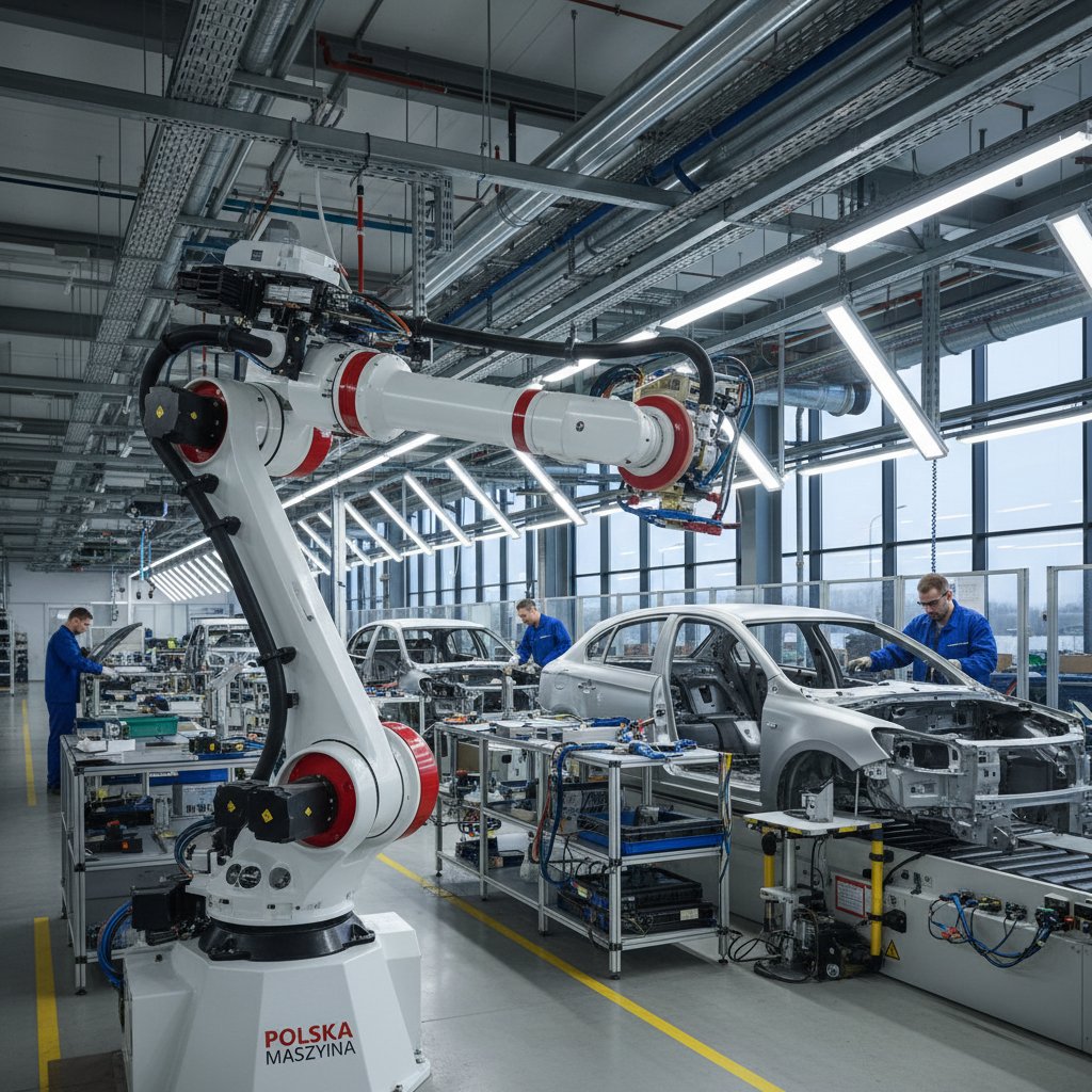 Robot przemysłowy współpracujący z ludźmi na polskiej linii montażowej, atmosfera fabryczna, światło przemysłowe