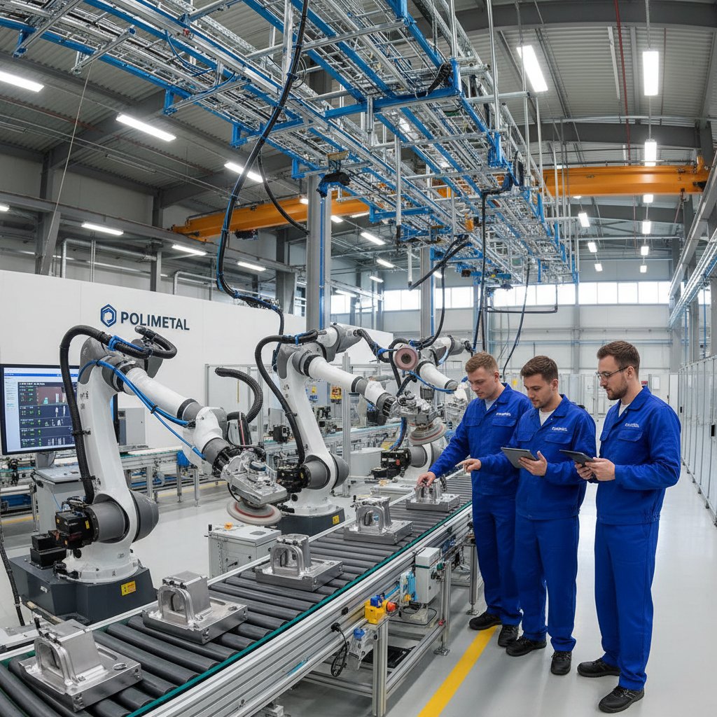 Robot przemysłowy w polskiej fabryce, nowoczesna technologia, praca zespołowa człowieka i maszyny