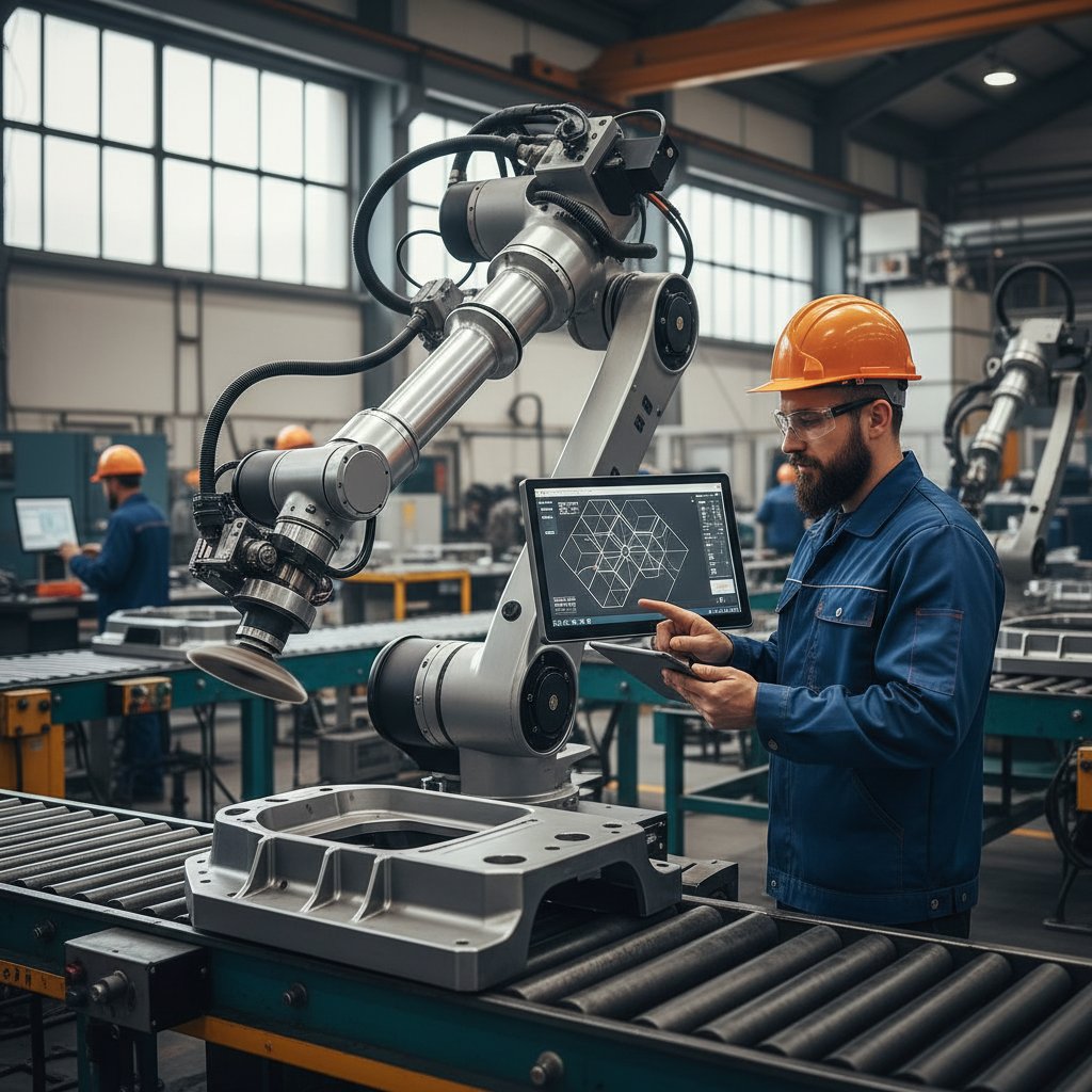 Robot przemysłowy współpracujący z polskim pracownikiem w hali produkcyjnej