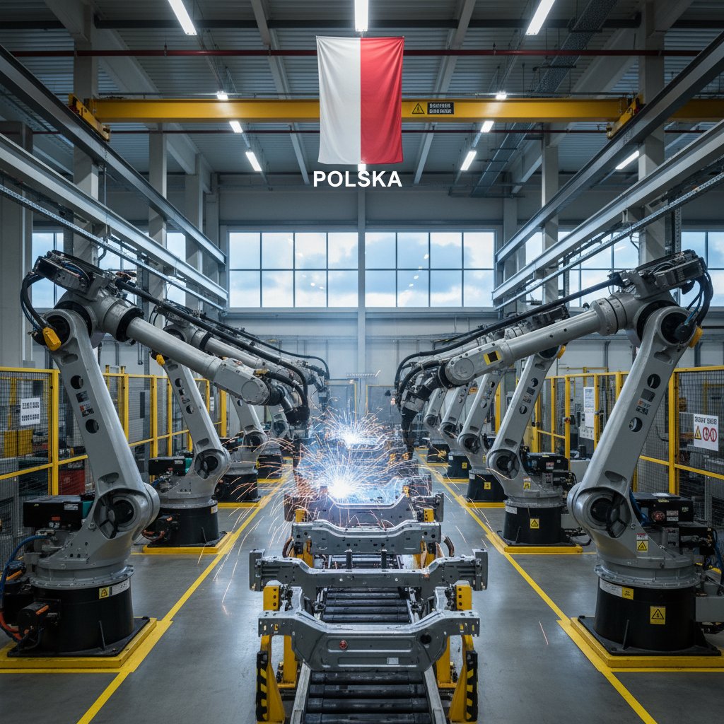 Roboty przemysłowe na linii produkcyjnej w polskiej fabryce – nowoczesność spotyka tradycję