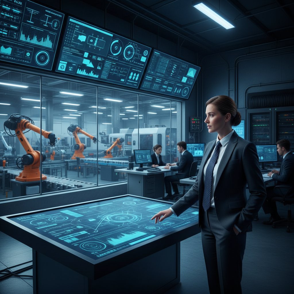 Dyrektor firmy przemysłowej analizujący dane produkcyjne po procesie restrukturyzacji