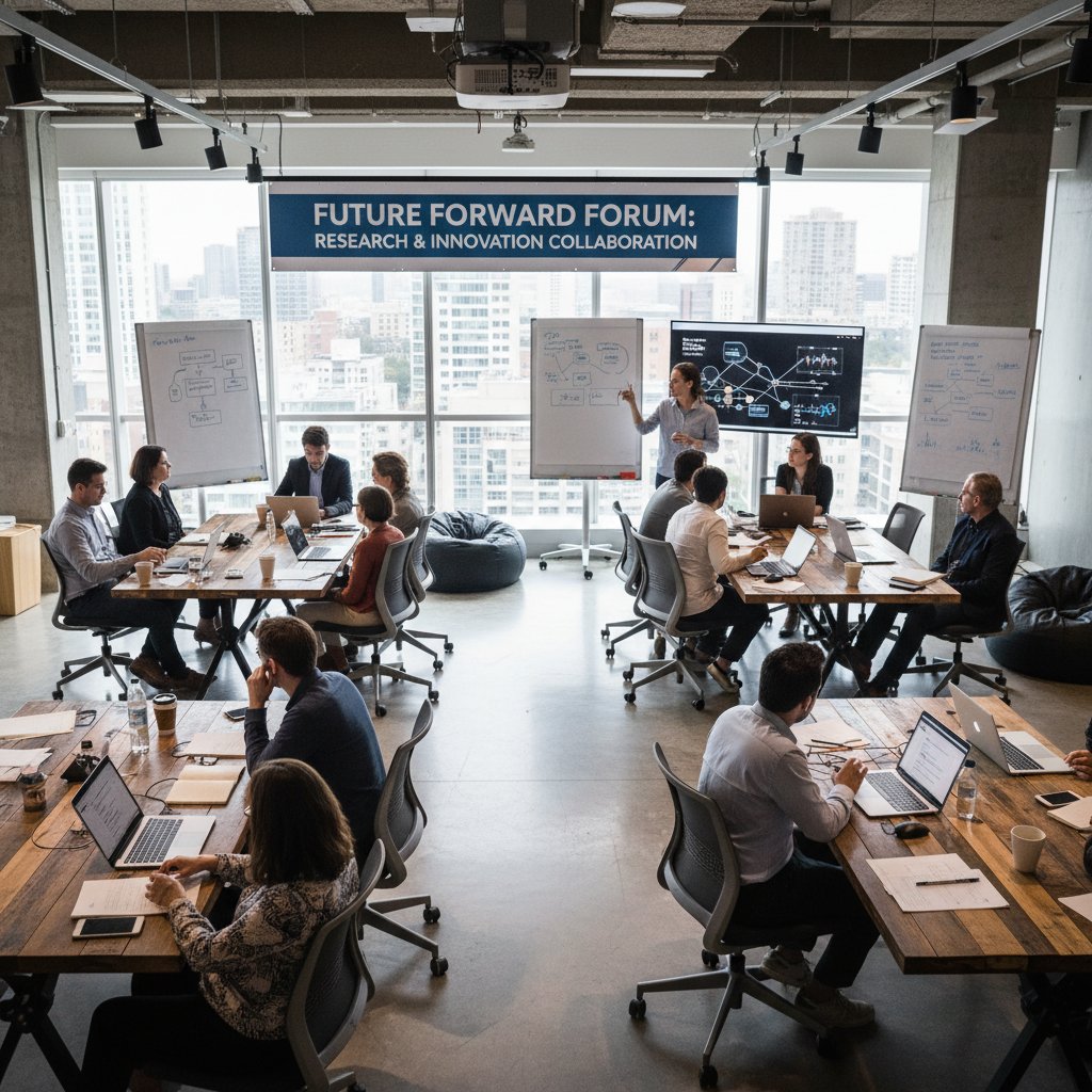 Industry researchers using academic forum for collaboration in modern co-working space
