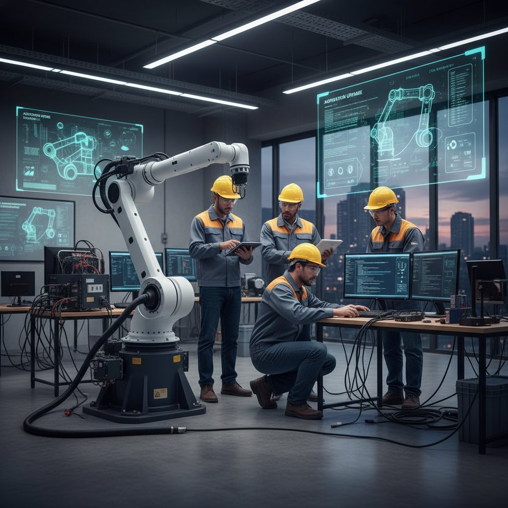 Zespół z różnych branż analizujący wdrożenie nowej technologii