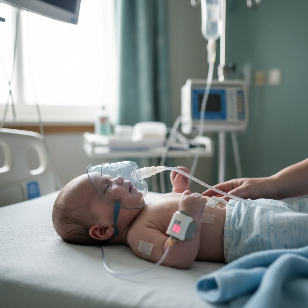 Niemowlę z dusznością leżące na łóżku, zapalenie oskrzelików objawy