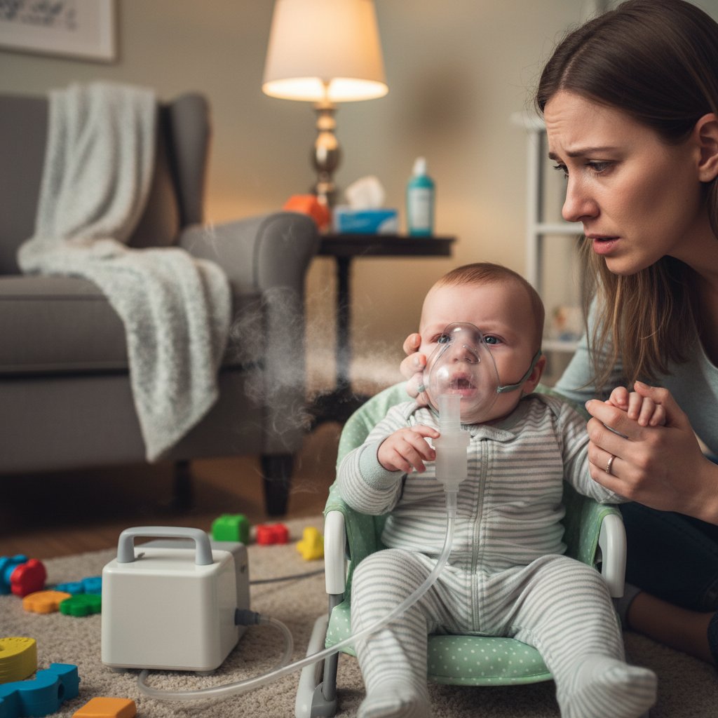 Niemowlę z maską do nebulizacji podczas leczenia RSV w domu