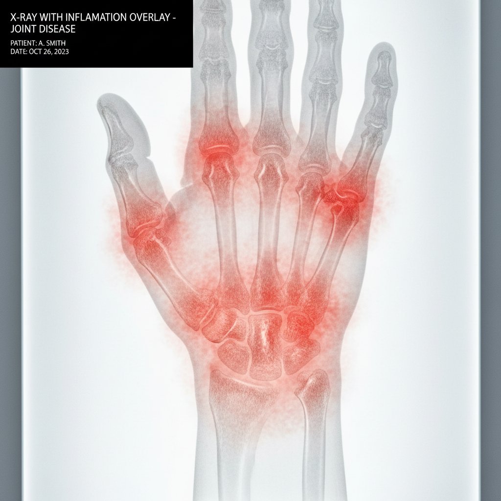 Zbliżenie na zapalone stawy w stylu rentgenowskim, objawy chorób reumatycznych