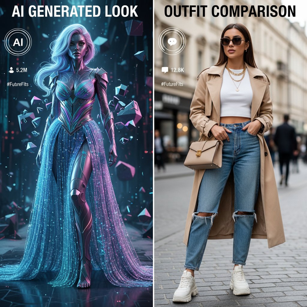 Influencerka porównuje stylizację AI z własnym zestawem, nowoczesność i moda, polska ulica