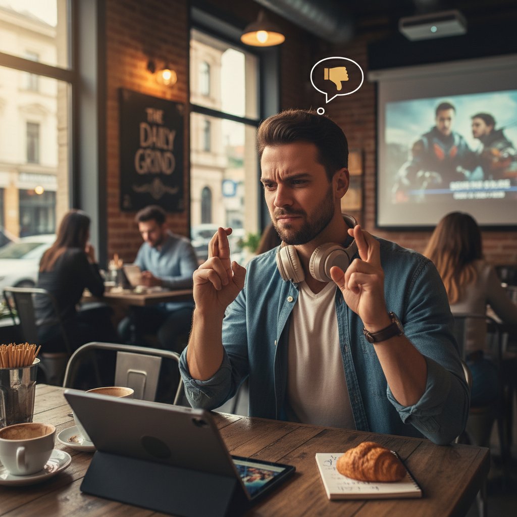 Influencer crosses fingers while reviewing movie in urban café, skeptical mood representing authenticity vs paid hype