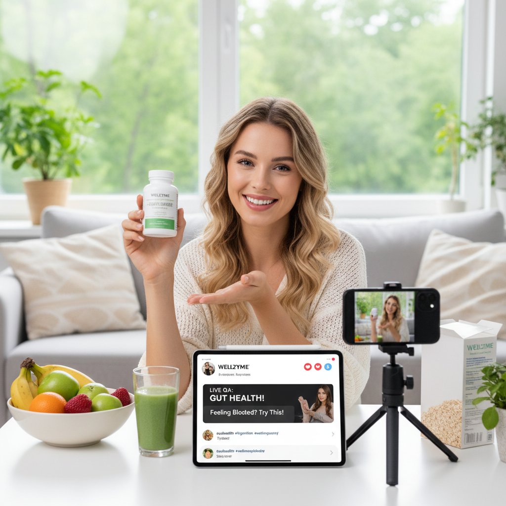 Influencer promujący suplementy enzymów w social media. Słowa kluczowe: media społecznościowe, enzymy trawienne, trendy