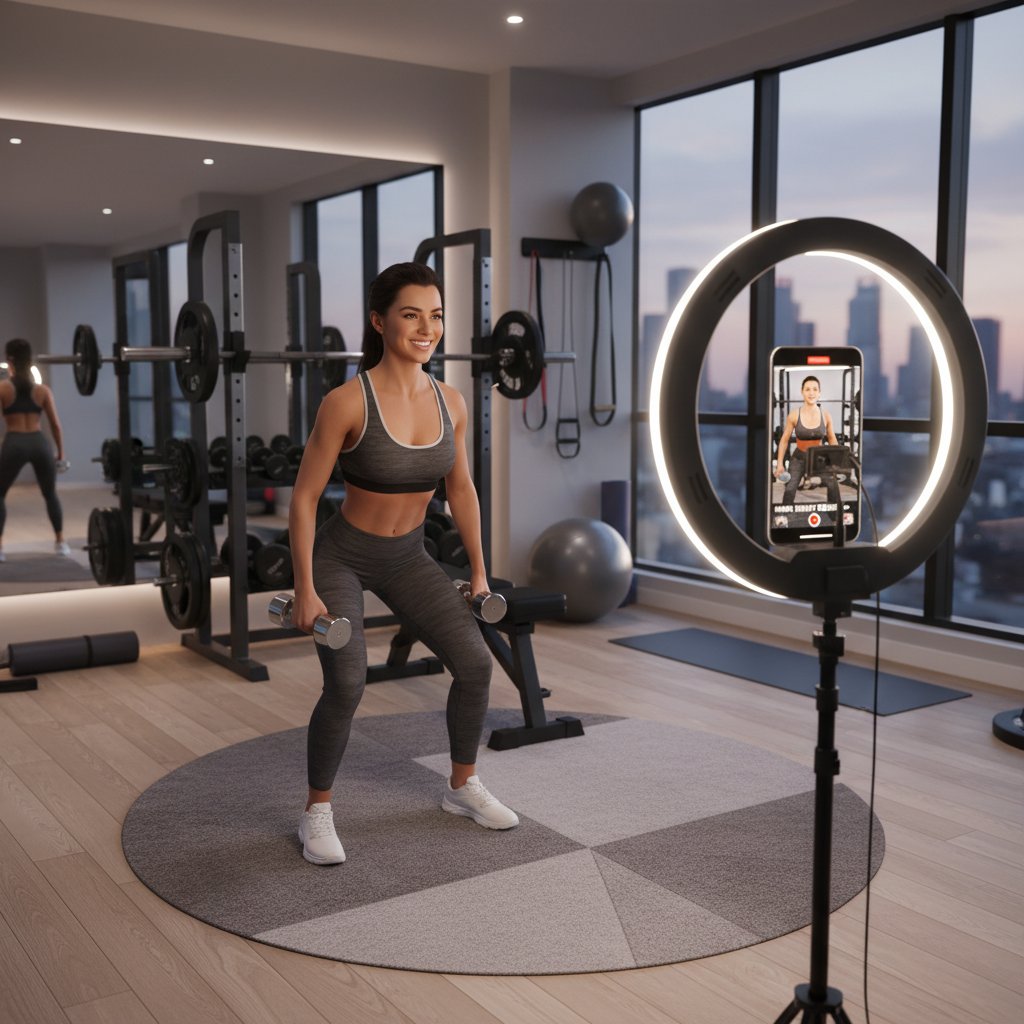 Influencerka nagrywająca trening wideo w domowym studio