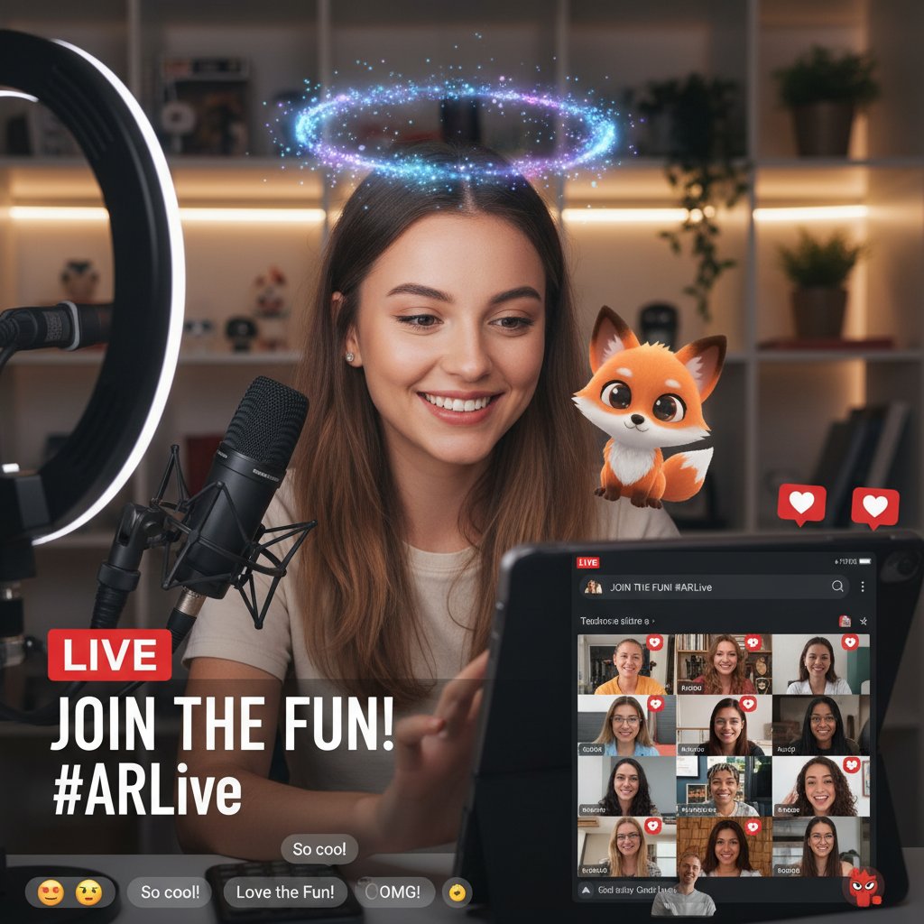 Influencer prowadzący kreatywny livestream z użyciem AR i zaangażowaną widownią na wielu ekranach