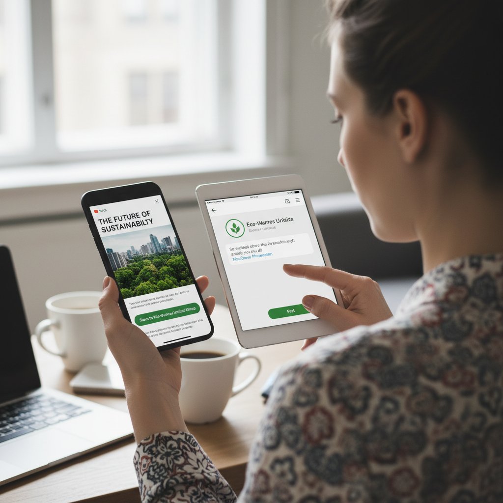 Influencerka dzieląca się artykułem w zamkniętej grupie, dynamiczna scena, urządzenia mobilne