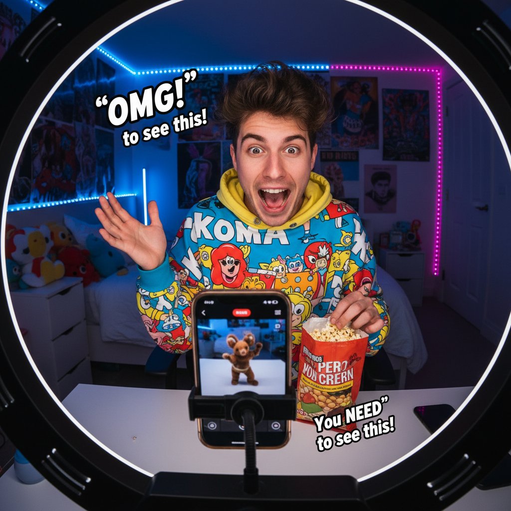 Influencer records comedic reaction for TikTok in home studio, representing movie influencer comedy cinema