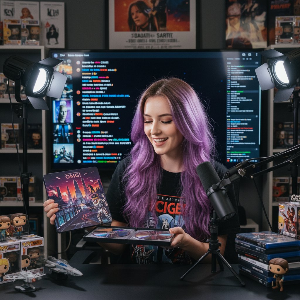 Influencer livestreaming steelbook unboxing, dramatic reactions and cinematic lighting, with movie collectibles in the background.
