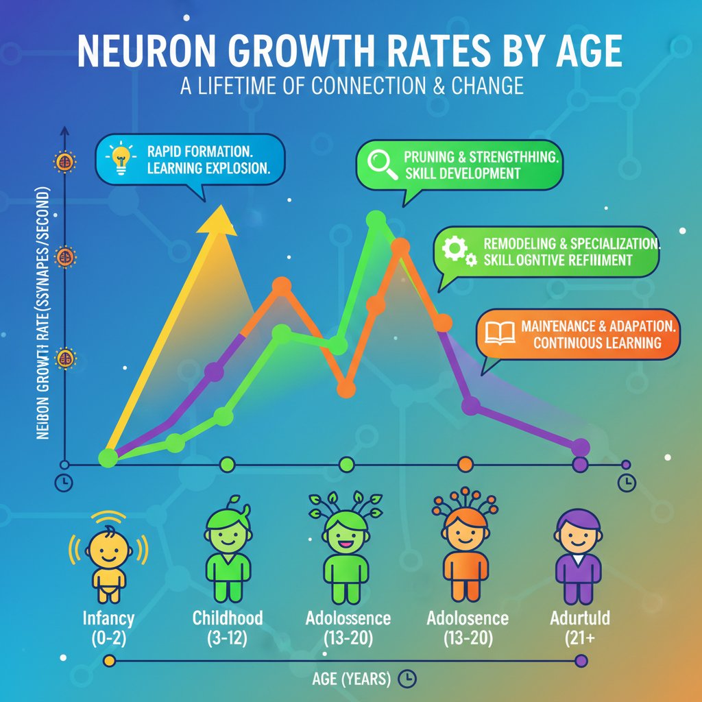 Infografika przedstawiająca tempo wzrostu neuronów w różnych grupach wiekowych, neurogeneza