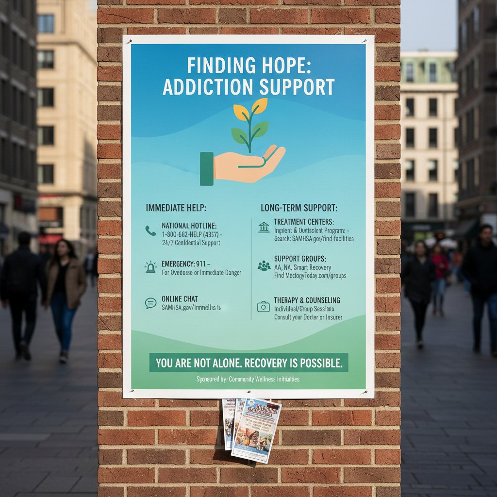 Plakat informacyjny w przestrzeni publicznej – gdzie szukać pomocy uzależnionym