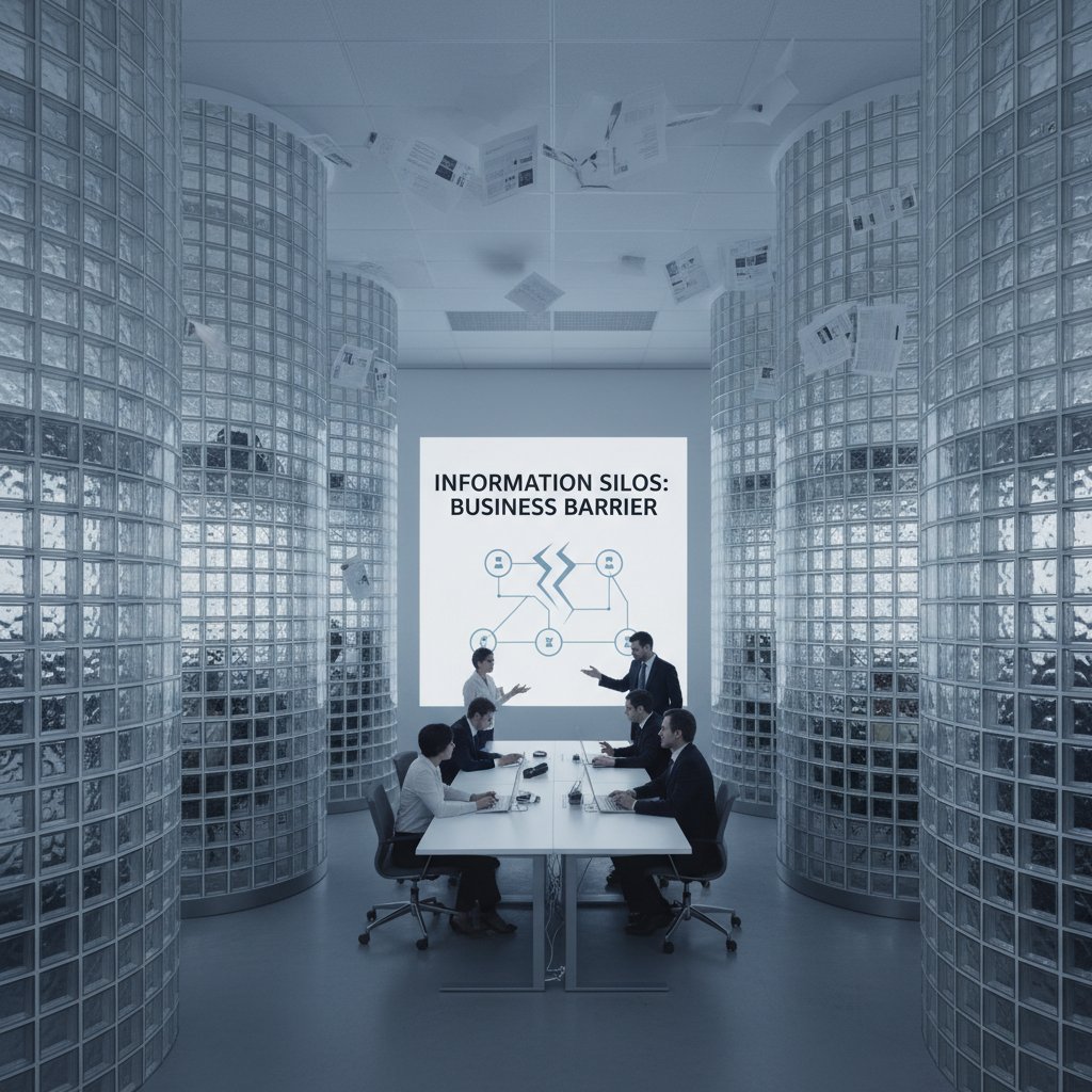 Silosy informacyjne w firmie: pracownicy oddzieleni szklanymi ścianami, symbolizujące bariery komunikacyjne