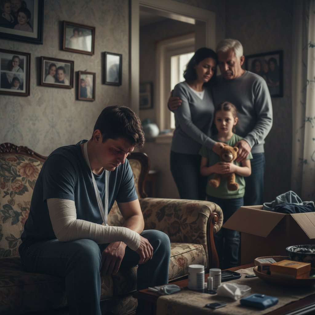 Osoba z bandażowanym łokciem, siedząca smutno w domu, z rodziną w tle