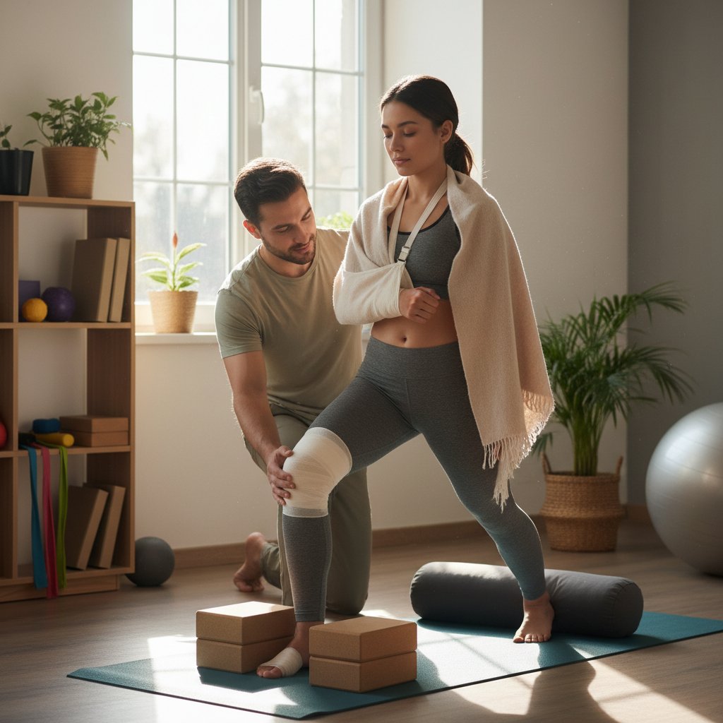 Kontuzjowana osoba odpoczywająca podczas zajęć jogoterapii, terapeuta udziela wsparcia