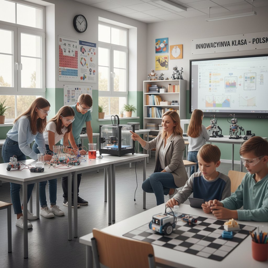 Szkolna pracownia z kreatywnym układem, uczniowie testują pomysły, nauczyciel wspiera