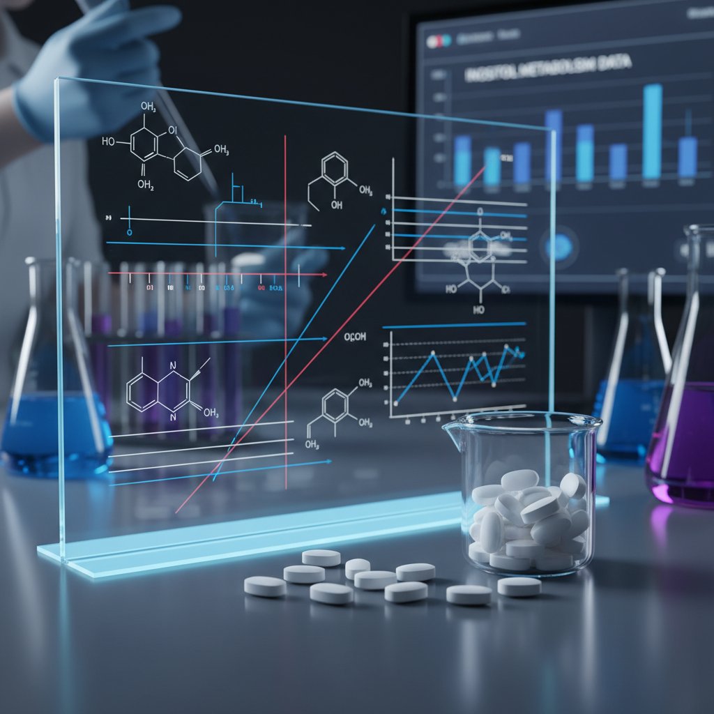 Mikrofotografia tabletek z inozytolem na stole laboratoryjnym, w tle wykresy naukowe