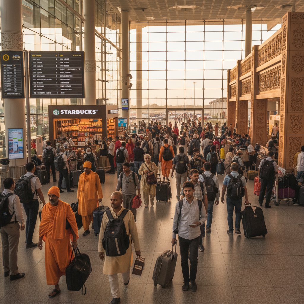 Inside Varanasi airport with a bustling crowd, a mix of local and international travelers