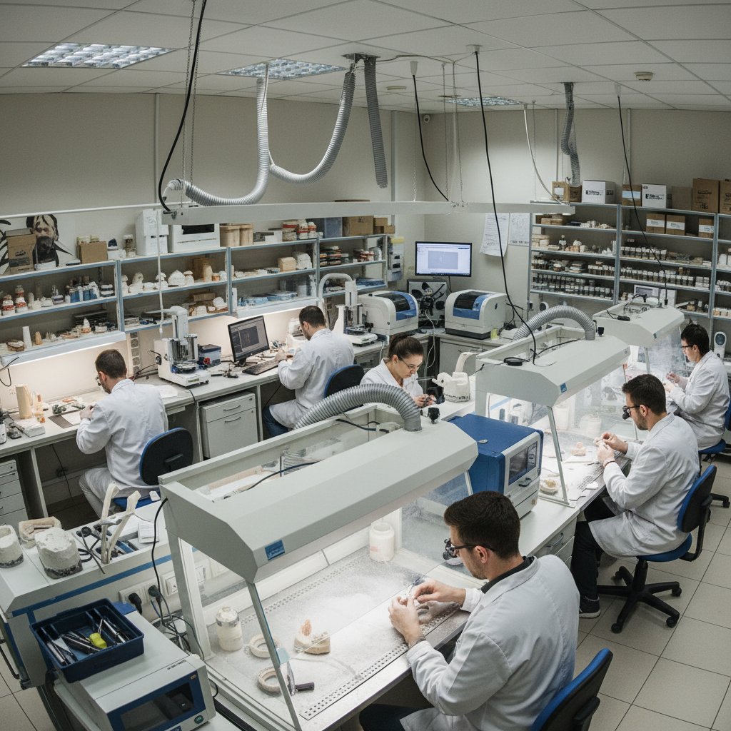 Wnętrze laboratorium protetycznego z pracującymi technikami