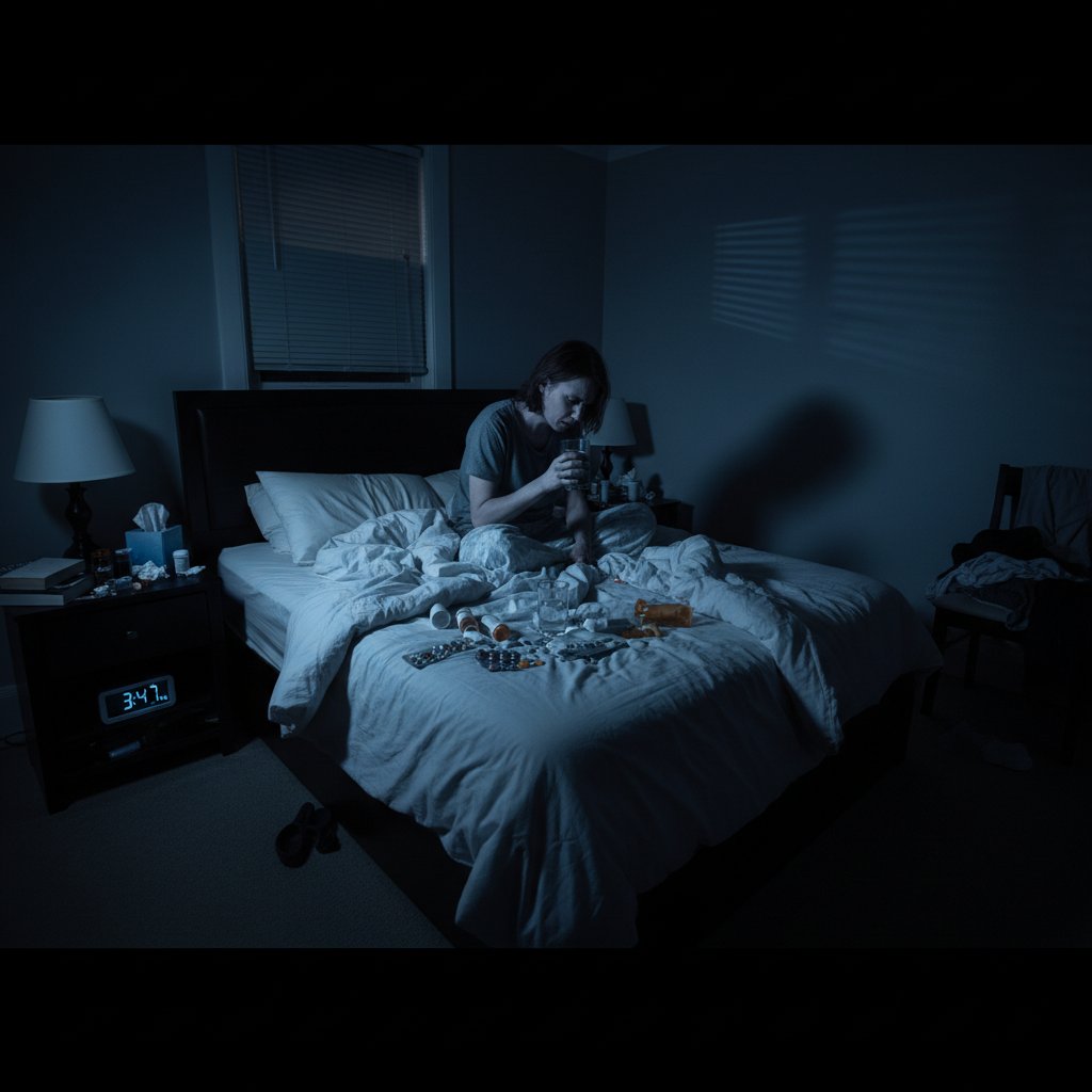 Osoba siedząca na łóżku w ciemnym pokoju, z pustymi opakowaniami tabletek na szafce nocnej, symbolizująca problem bezsenności i używania narkotyków