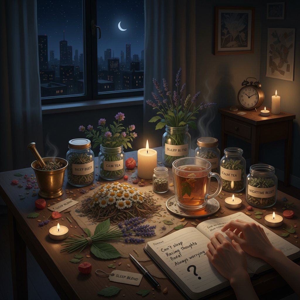 Osoba patrząca w sufit, bezradna z powodu bezsenności, zioła na stole