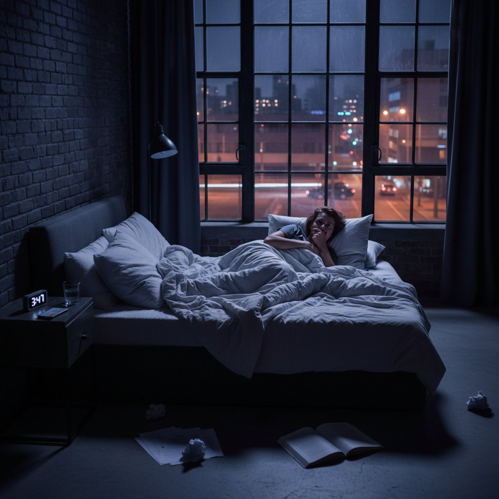 Osoba leżąca bezsennie w łóżku, wyraz napięcia na twarzy, nocna sceneria, światło z ulicy pada przez okno