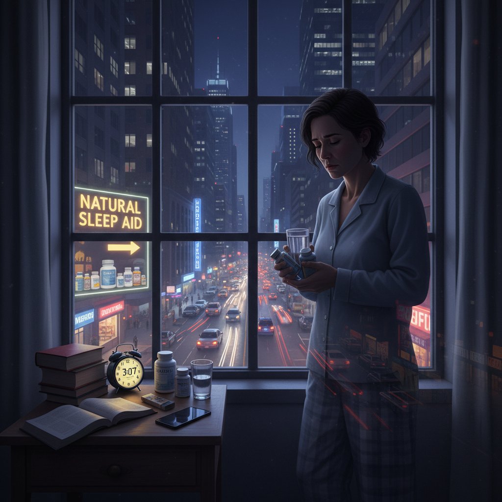 Bezsenna osoba przy oknie z suplementami tryptofanu