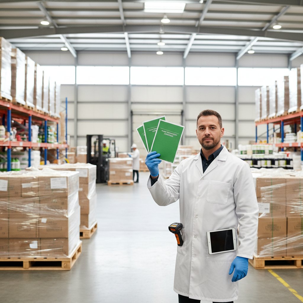 Inspektor sprawdzający certyfikaty na magazynie środków ochrony roślin, półki z opakowaniami, jasne światło