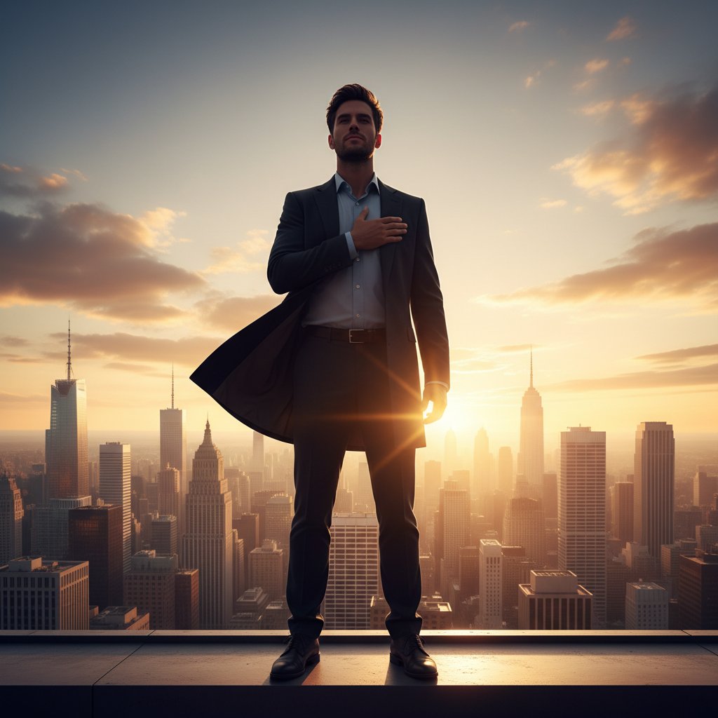 Pewna siebie osoba symbolizująca kontrolę nad objawami kołatania serca, stoi na dachu, ręka na sercu, wschód słońca, miasto