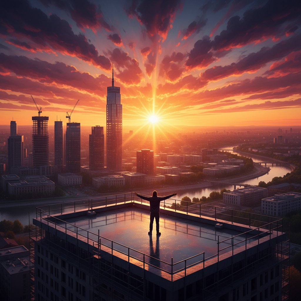 Nowy początek w świadomym zarządzaniu przemianą materii – osoba na dachu patrząca na wschód słońca, mocne kolory, inspirująca scena