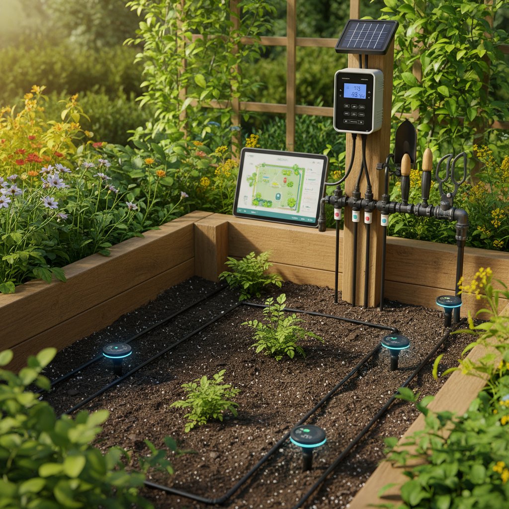 Montaż inteligentnego systemu zraszania w polskim ogrodzie, widoczne narzędzia i czujniki