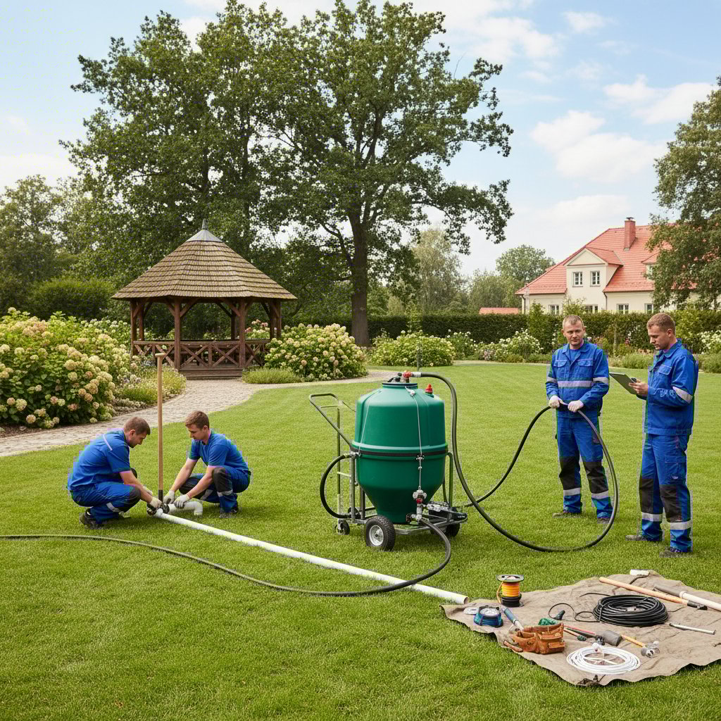 Ekipa montująca system automatycznego nawożenia w polskim ogrodzie, narzędzia i kable na trawie