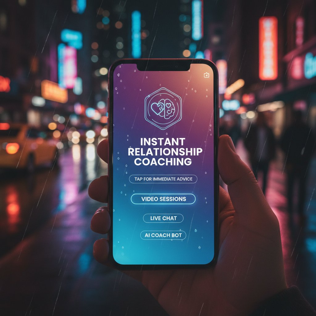 A young adult alone at night holding a glowing smartphone, city lights reflecting in glass, symbolizing instant relationship coaching access