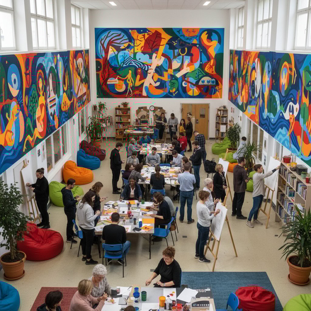 Terapia kreatywna w zakładzie karnym, sala z muralami i zaangażowanymi uczestnikami